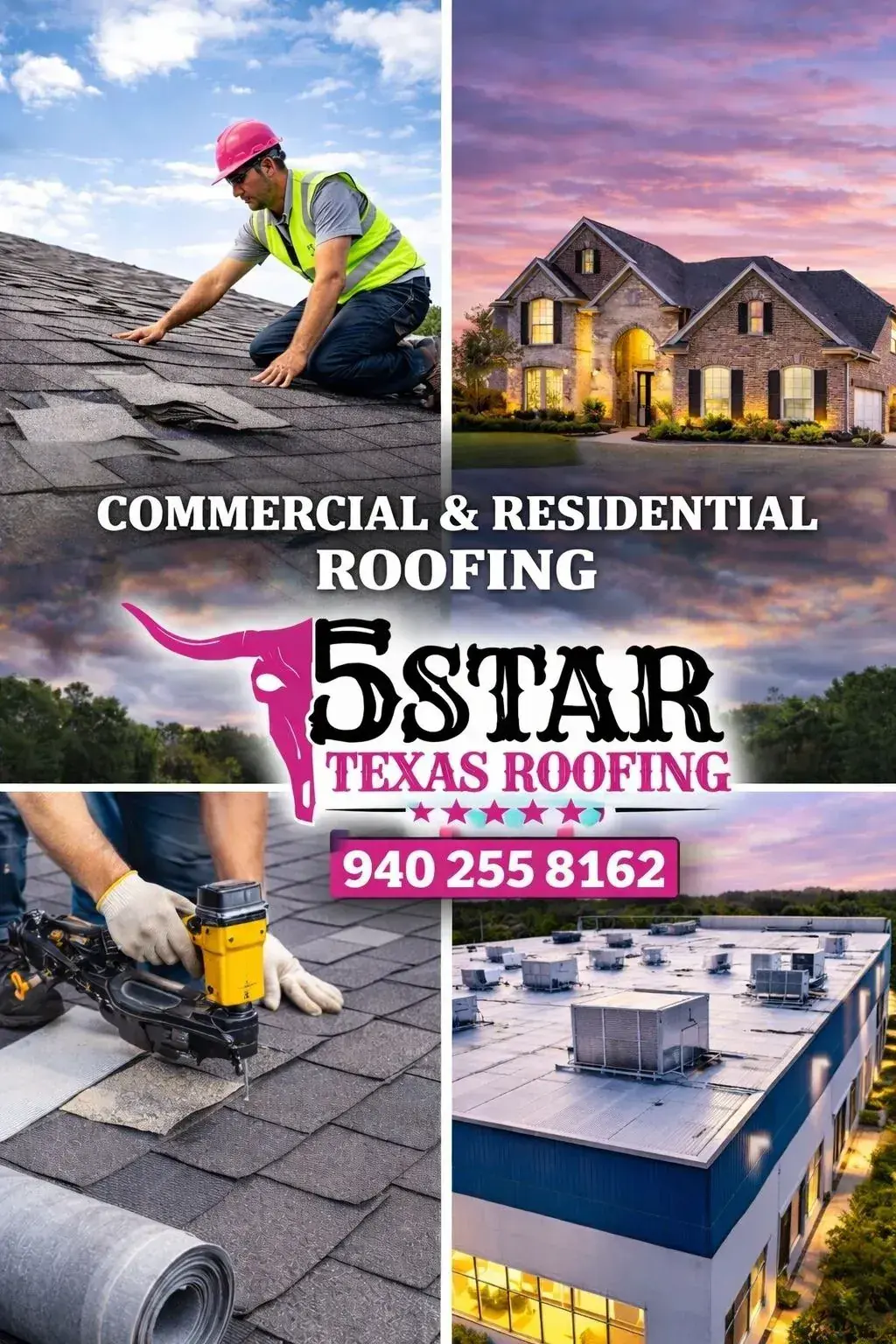 Commercial and residential roofing flyer showing a roofer on shingles, a nail gun and a flat commercial roof