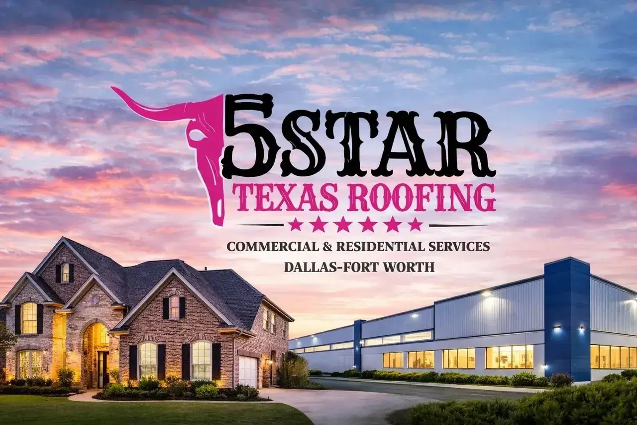 5 Star Texas Roofing graphic of a brick home and a commercial building at dusk