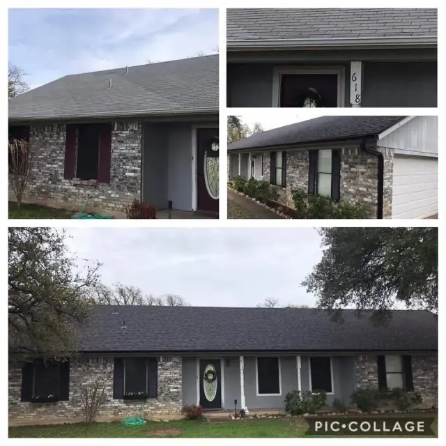 Exterior of a house with a gray roof and brick facade. Four-paneled collage of different angles.