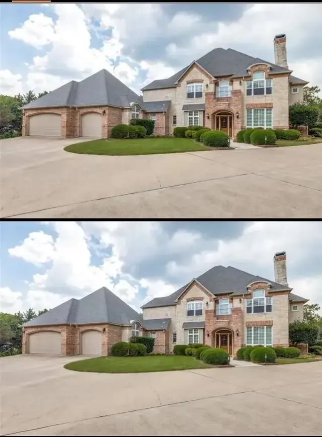 Two-story house with brick and tan facade, gray roof, and attached garage on a driveway; sunny day.