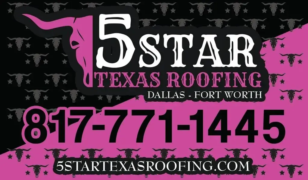 Logo for 5 Star Texas Roofing: black and pink, bull head, phone number, and website.