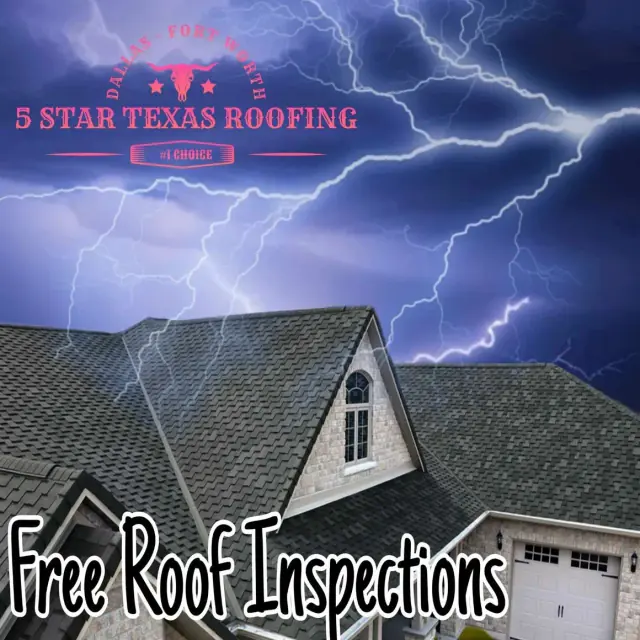 A house roof under a stormy sky; "5 Star Texas Roofing" ad with a "Free Roof Inspections" offer.