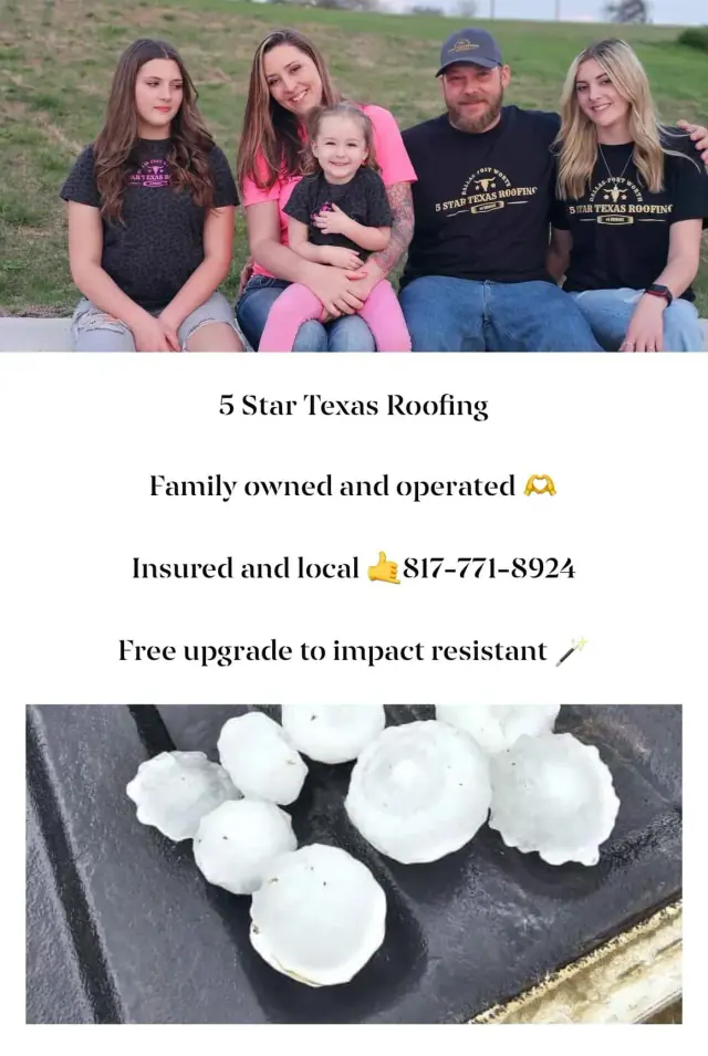 Family of five with roofing company advertisement. Includes contact info and hailstone image.