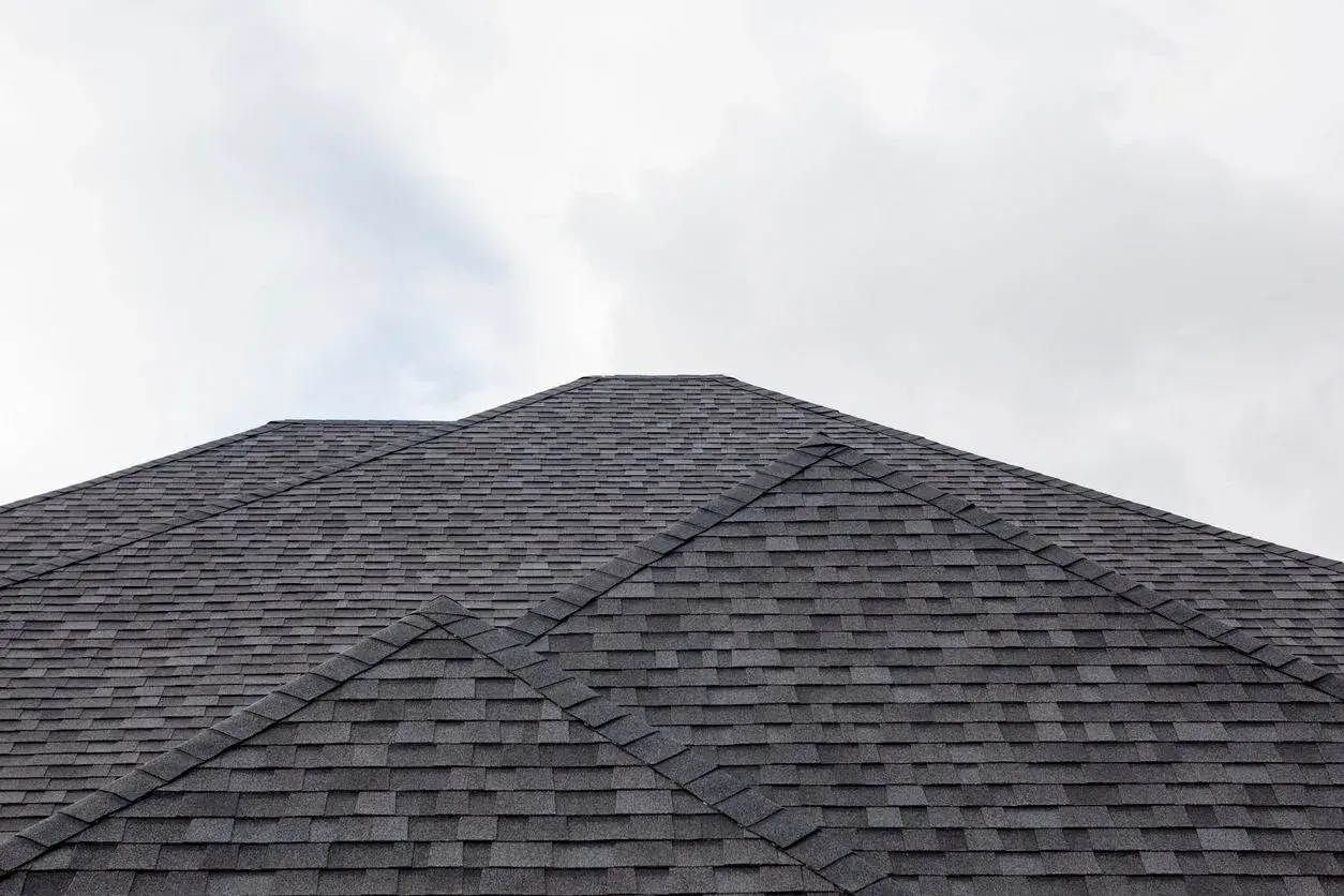 Dark gray shingled roof against a cloudy sky.