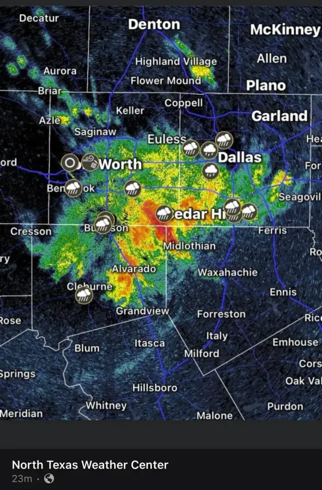 Radar map showing a large storm system over North Texas, with heavy rain concentrated around the Dallas-Fort Worth area.