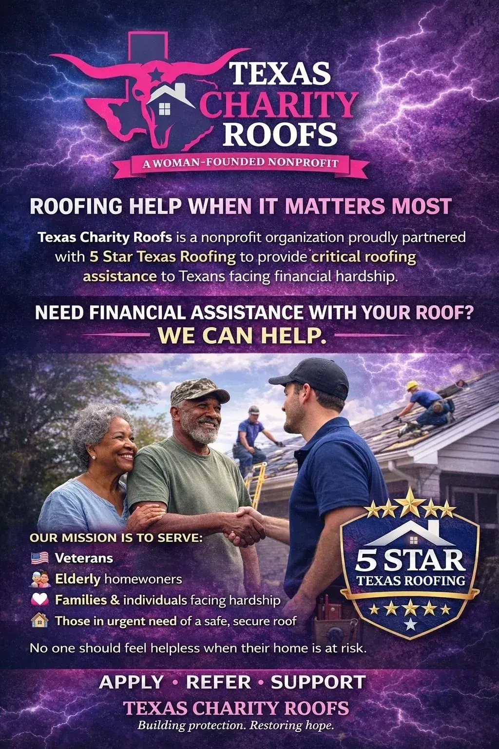 Texas Charity Roofs flyer offering roofing help to veterans, elderly homeowners and families in need